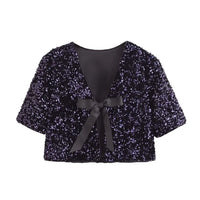 Spring Women Elegant Shirt and Blouse New Fashion Christmas New Year Bow Short Sleeve Dress Sequin Shirt Female Tops