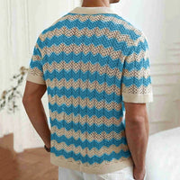 Mens Beach Vintage Striped Crochet Knit Cardigans Men Summer Trendy Lapel Button-up Shirt New Casual Hollow Out Knitted Shirts