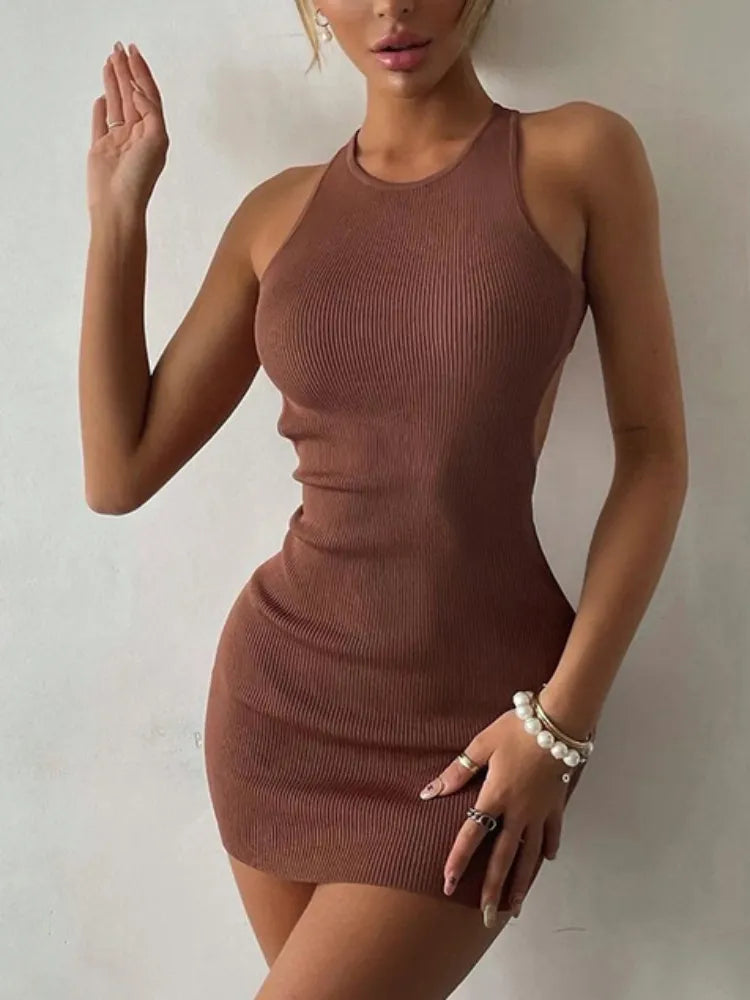 Sexy Cross Bandage Backless Rib Knitted Slim Bodycon Dress Women Solid Color Skinny Mini Dress Elegant Club Party Vestidos