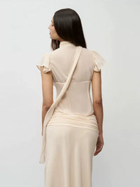 Guiz Apricot Silk Scarf Ribbon Chiffon Shirt Semi-Transparent High-Waist Waist-Cinching Top Low-Waist Pleated Skirt