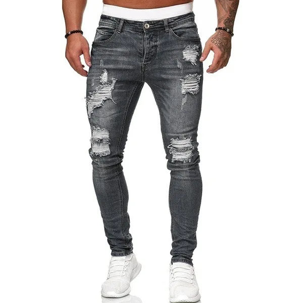 2023 Fashion Street Style Ripped Skinny Jeans Men Vintage wash Solid Denim Trouser Mens Casual Slim fit Black Blue denim Pants