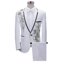 (Jacket+Pants) Men Fashion Wedding Banquet Party Flower Suits Singer Pianist Stage Performance Splicing Dress Blazer and Trouser