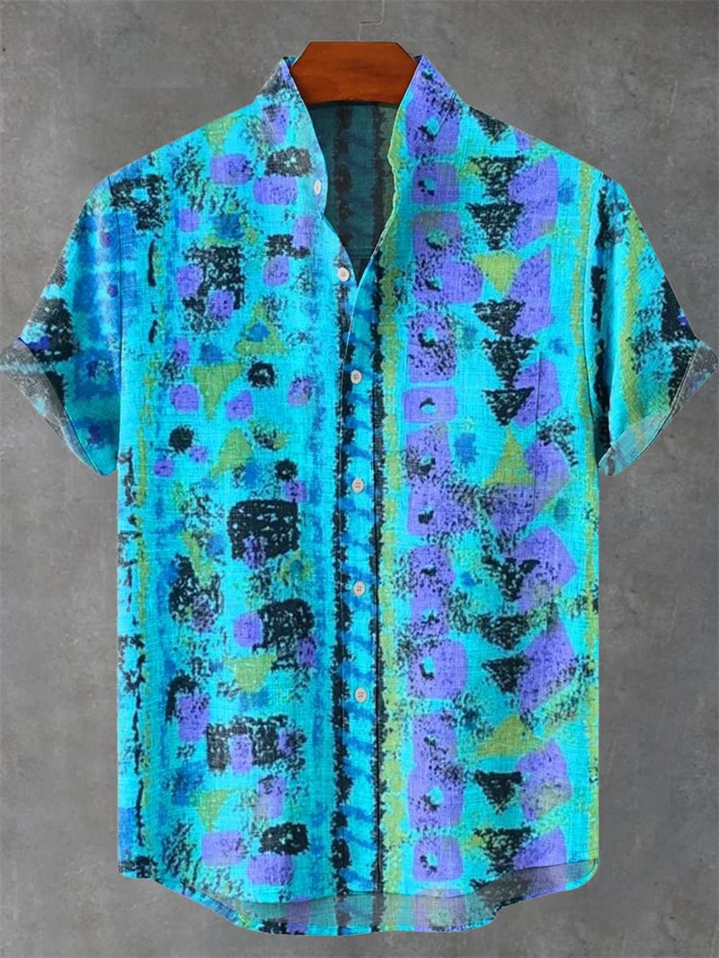 Men's Short Sleeve Shirt High Quality Vintage Ethnic Style Floral Geometric Striped Neckline Art Print Casual Linen Shirt