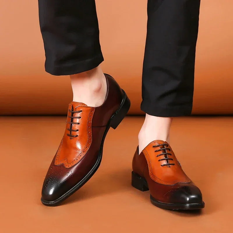 Classic Men's Brogue Oxford Dress Shoes Luxury Genuine Brown Cow Leather Pointed Toe Lace-Up Wedding Party Formal Shoe for Men