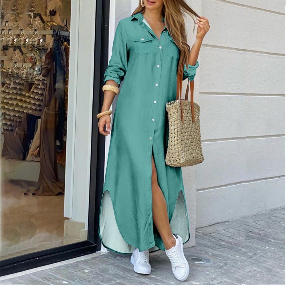 Sexy Long Dress Long Sleeve Shirt Women's Denim Long Dress Pocket Button Shirt