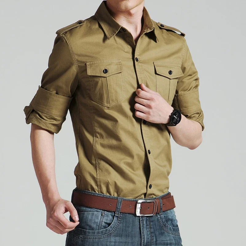 Mens Military Shirts 2025 Autumn Long Sleeve Casual Workwear Pocket Shirts Camisas Slim Solid Male Military Shirts Chemise Homme