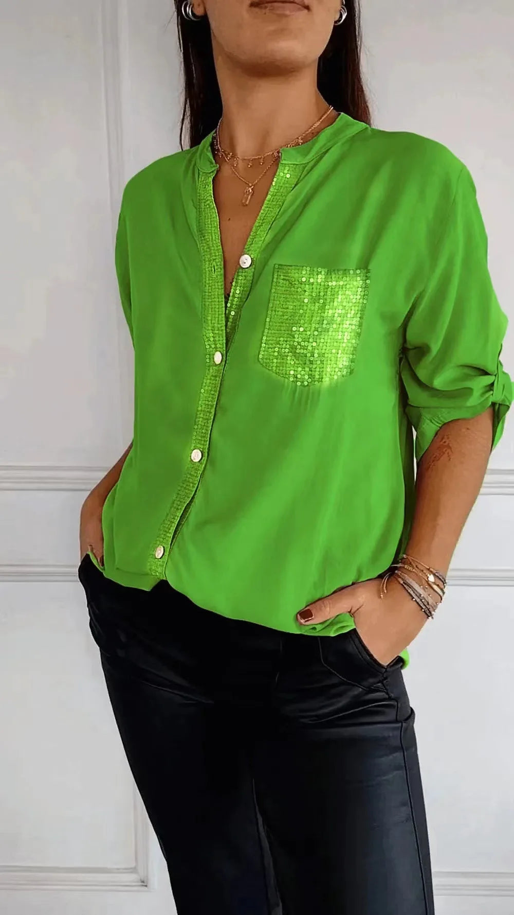 Women Pocket Sequined Blouse Shirts Summer Casual Female Button Lantern Sleeve Bling OL Workwear Blouse Tops 2025