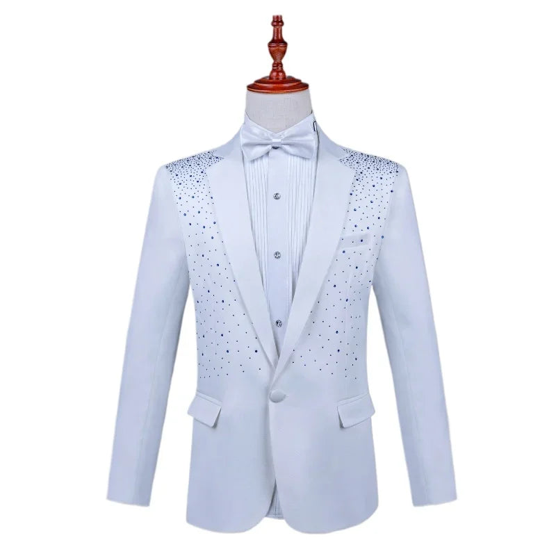 2025 New Black and White Hot Diamond Suits for Men 2-piece,Male Group Chorus/Singer Host/Anchor Dress Performance MC Blazer+Pant