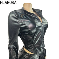 FLARORA Vintage Moto PU Leather 2 Pcs Sets Woman Lapel Long Sleeve Zip Crop Jackets And Skinny Shorts Y2k Street Bike Tracksuits