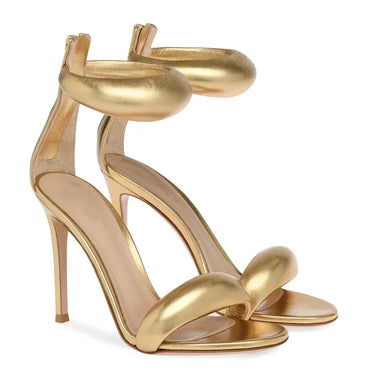 Golden open toed shoes, sexy one-piece belt, summer new high heels, women's slim heels, versatile fashion sandals