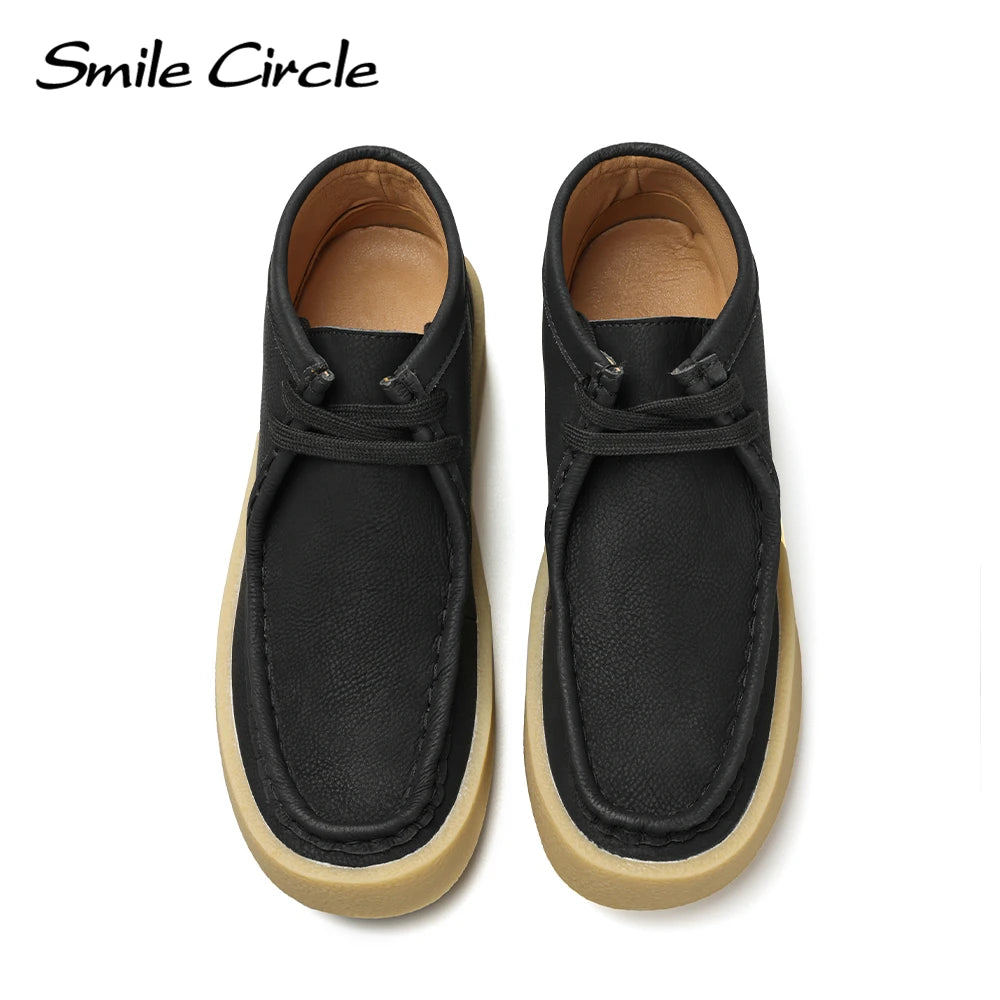Smile Circle Wallabee Cup Ankle Boots Women Round Toe Lace-up Flat Shoes Genuine Leather Hi-top Casual Shoes