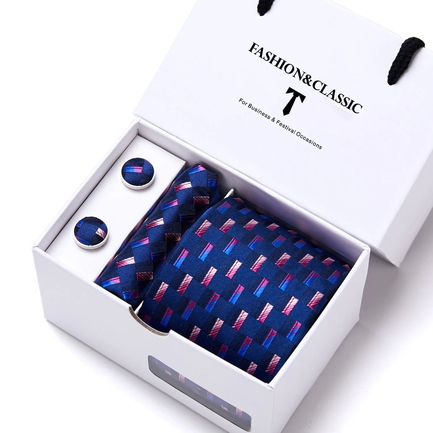 High Quality 7.5 cm Stripe Blue Tie Pocket Square Cufflinks Set For Men Gift Box Wedding Gravatas Fit Workplace