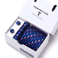 High Quality 7.5 cm Stripe Blue Tie Pocket Square Cufflinks Set For Men Gift Box Wedding Gravatas Fit Workplace