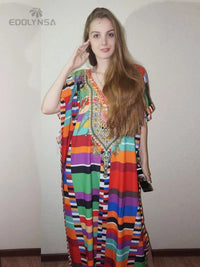 Plus Size Multicolored Loose Dress Cotton Tunic Women Large Size Beach Wear Kaftan Bohemian Printed Loose Beach Dresses Q1084