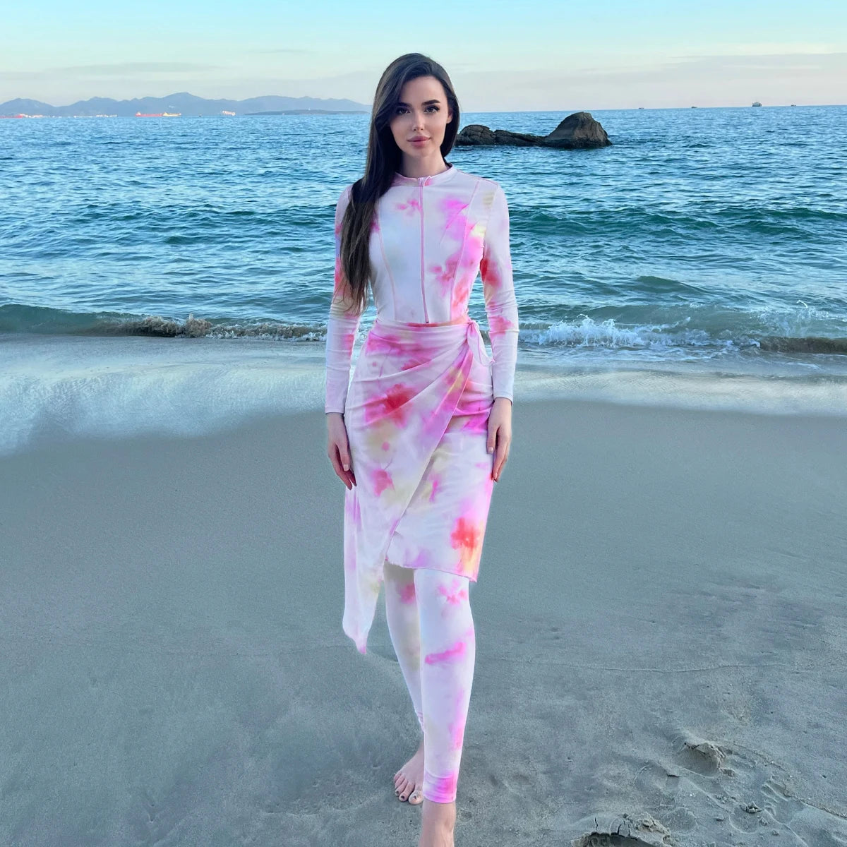 3pcs New Burkini Femmes Muslim Modest Swimwear Long Sleeved with Romantic Pink Gauze Swimsuits Arabic Swimwear SPF50+ Beach Wear