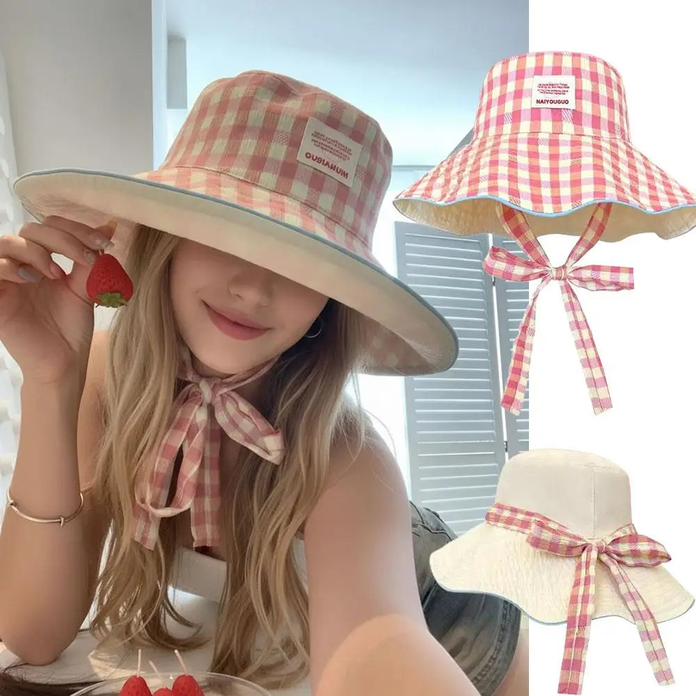 Sun Hats for Women Reversible Plaid Bucket Hat Wide Brim UV Protection Beach Hats Summer Travel Outdoor Foldable Sun Cap Fishing