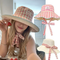 Sun Hats for Women Reversible Plaid Bucket Hat Wide Brim UV Protection Beach Hats Summer Travel Outdoor Foldable Sun Cap Fishing