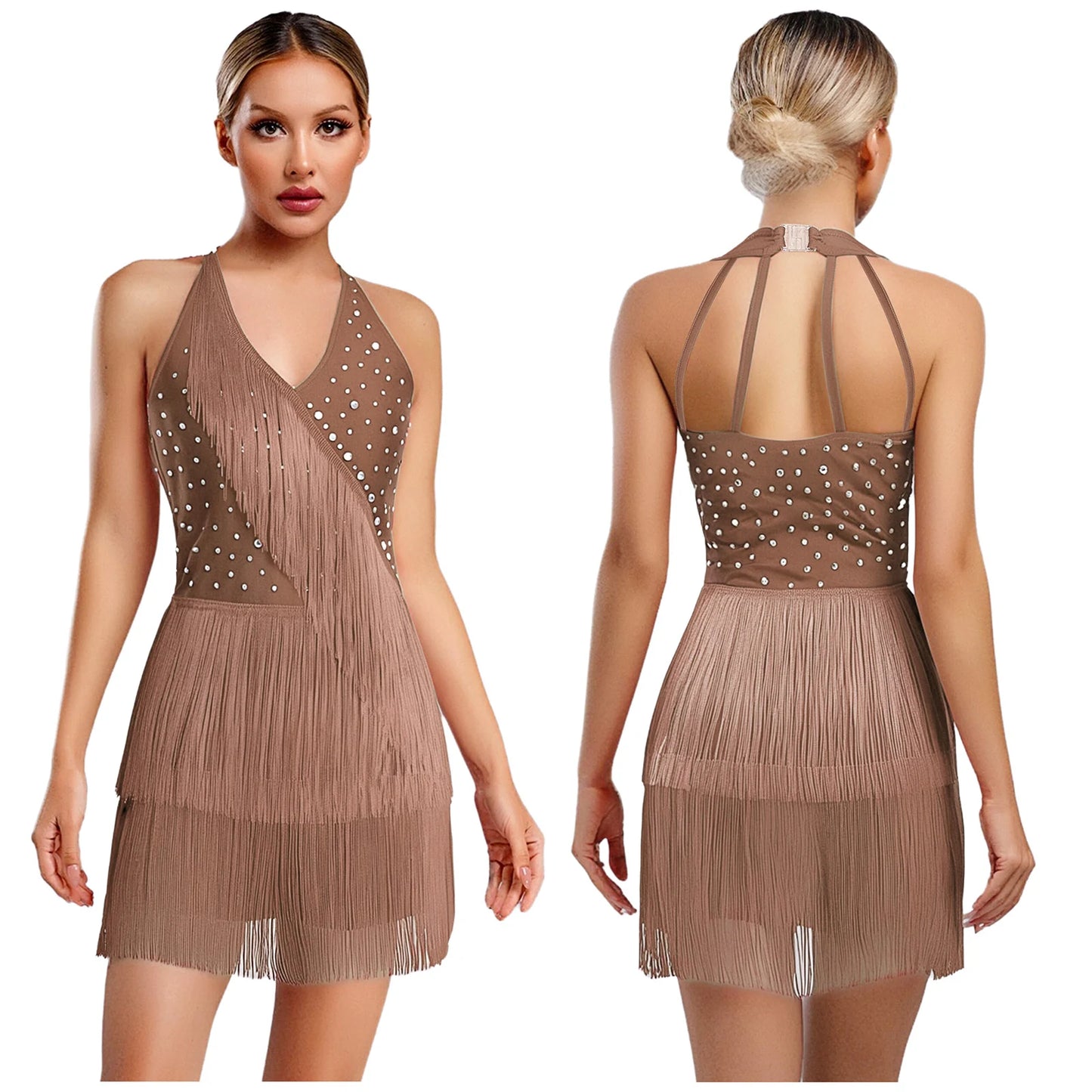 Women Rhinestones Latin Dance Costume Tassel Gymnastics Leotard Bodysuit Ballet Tango Salsa Jazz Performance Fringed Jumpsuits