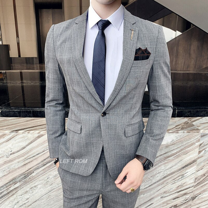 7XL Blazer Vest Pants High-end Brand Plaid Retro Business Suit Groom Wedding Party Slim Suit