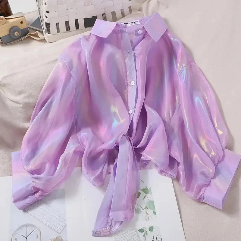 Button Up Shirts Women Half Sleeve Shining Sparkles Tied Waist Sexy Chiffon Blouses Shirts For Women Summer Spring
