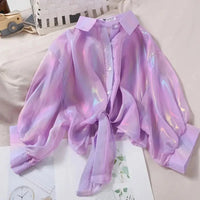 Button Up Shirts Women Half Sleeve Shining Sparkles Tied Waist Sexy Chiffon Blouses Shirts For Women Summer Spring