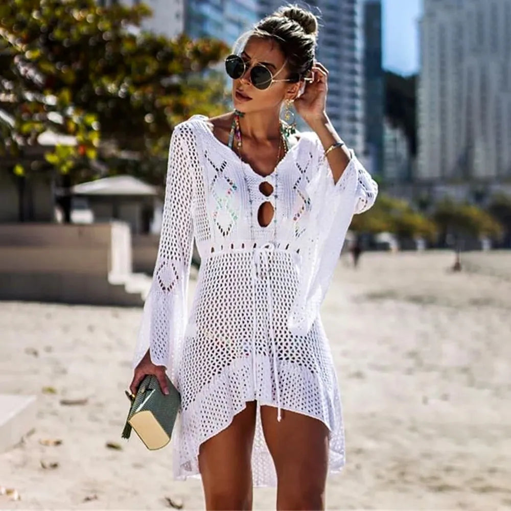 Women Solid Bikini Cover Up Sexy White Crochet Long Sleeve Beach Long Maxi Dress Cover-ups Female Loose Tunic Mesh Beachwear