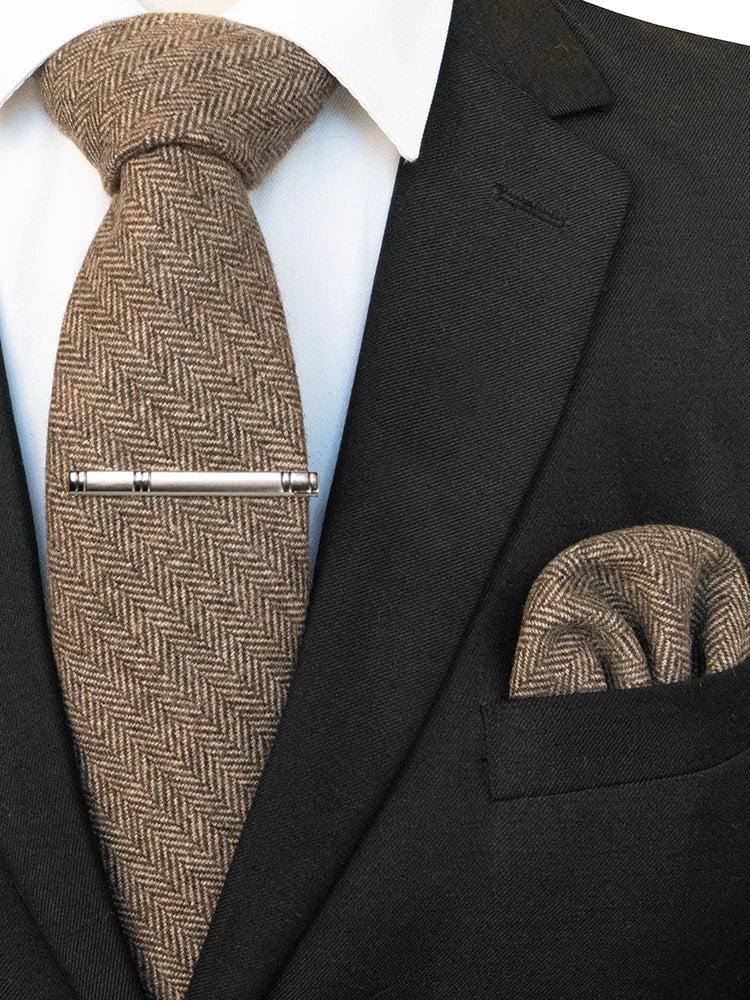 JEMYGINS Classic Wool Necktie For Men 8cm Brown Grey Men Striped Plaid Cashmere Tie Pocket Square Sets Wedding Accessory Gift