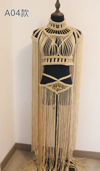 Leosoxs Hand Crochet Knitted Women Bikini Cover Ups Summer Holiday Tassel Beach Bathing Suit Sexy Hollow Out Skirts Matching Set