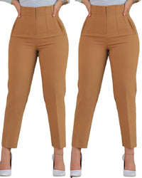 High Waist Cropped Work Pants Solid Color Pleat Slim Ankle Length Women Summer  Pockets Spliced