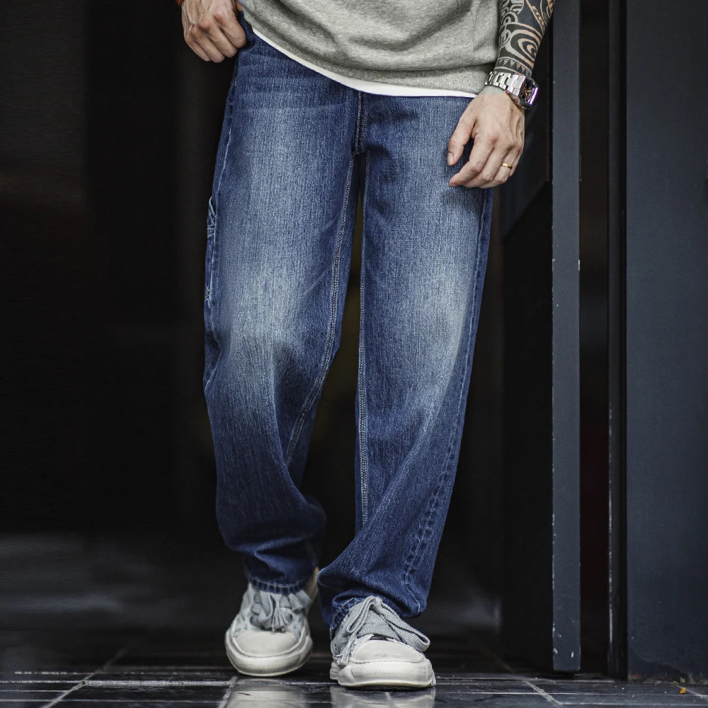Maden Retro Blue Logging Mens Jeans with Washed Denim Loose Fit Cotton And Non-Elastic Waist Daily Wear Casual Pants