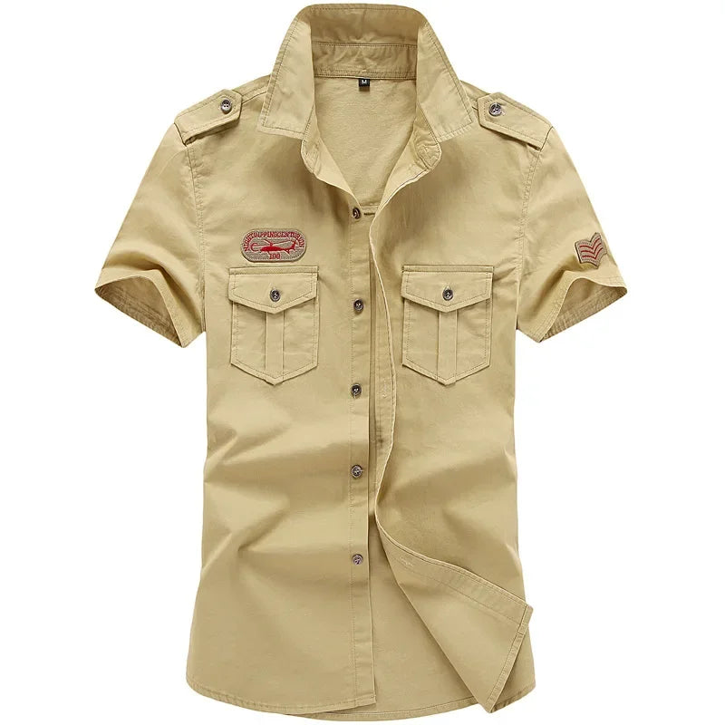 2023 New Mens Military Shirt Men Short Sleeve Cargo Shirts 100% Cotton Casual Solid Shirt Male Pocket Work Shirt