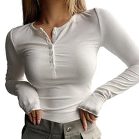 Women Autumn Spring Top O Neck Button Long Sleeve Slim Fit Pullover Soft Breathable Elastic Simple Style Women T-shirt Blouse