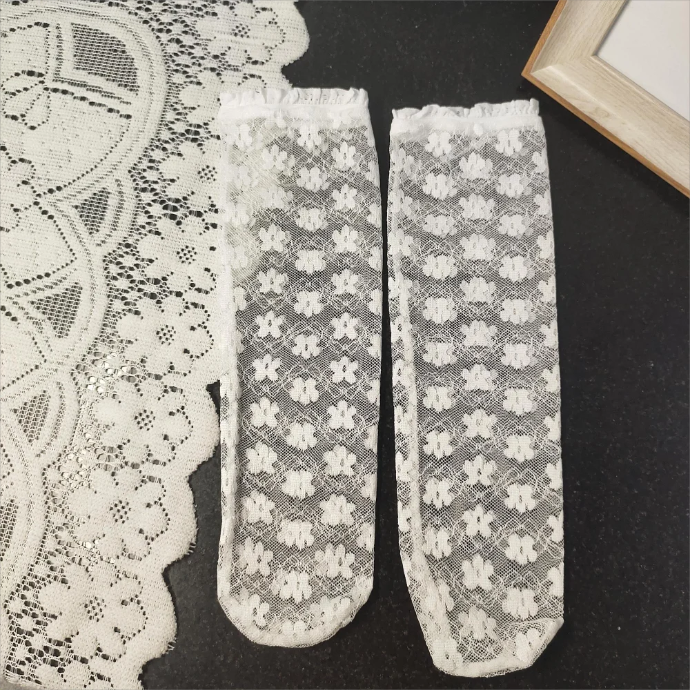 Lolita Skirt Base Socks White Lace Thin Ruffle Long Knee-high Sock for Kids Baby Princess Style Heart Bow Pattern Mesh Stockings