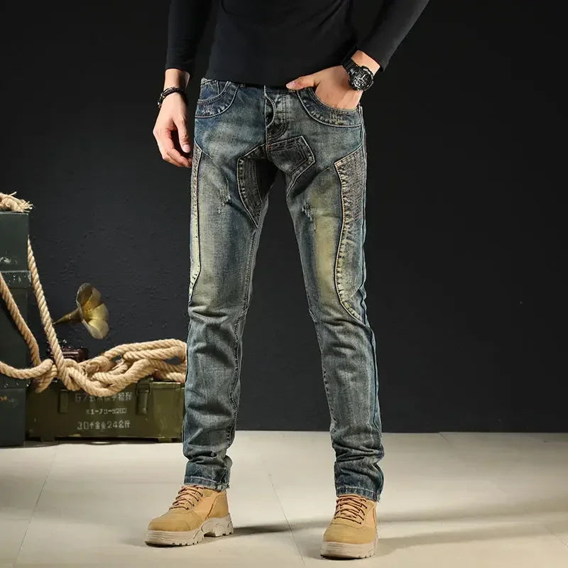 Male Cowboy Pants Skinny Low Rise Jeans for Men Motorcycle Slim Fit Trousers 90s Streetwear Straight Tight Pipe Retro Casual Xs