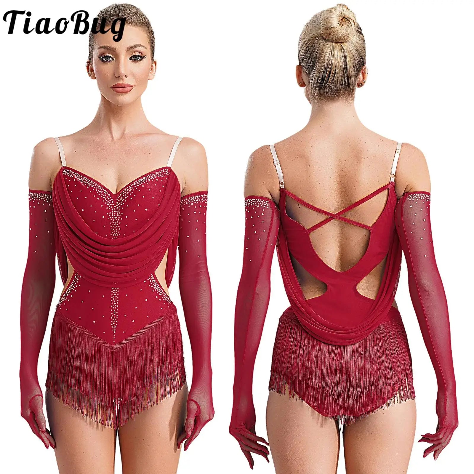 Womens Tassel Latin Dance Leotard Dress Rhinestone Fringed Bodysuit+Gloves Outfits for Tango Cha-Cha Salsa Skating Performance