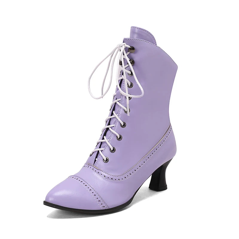 2025 New Lace Up Ladies High Heel Shoes Strange Steampunk Boot Victorian Ankle Boots Women Pointed Toe Thick Soled Short Boots