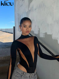 Kliou Mesh Patchwork Bodysuits Women Hipster Unique See Through Stand Collar Body-shaping Playsuit Female Casual Street Clothing