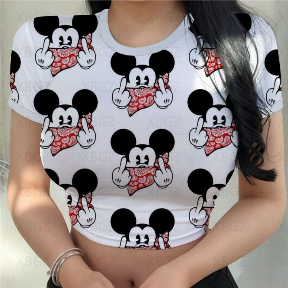 Crop Top Disney Women's T-shirt Minnie Mouse Woman Clothes Tight Fashion Blouses 2022 Party Y2k Sexy T-shirts Slim Fit Cartoon