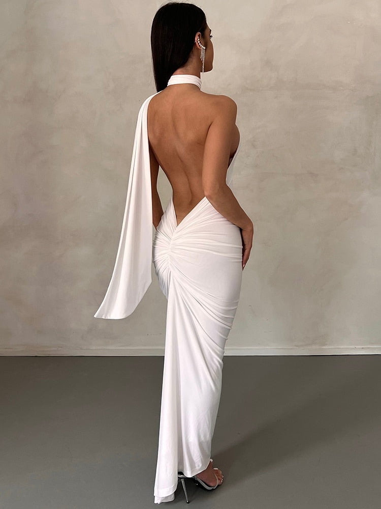 Halter Backless Maxi Dresses For Women Summer 2023 Elegant Mermaid Long Party Evening Dress Bandage Ruched Bodycon Dress White