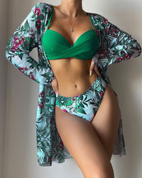 2 pieces Women's three piece swimsuit new mesh cardigan split bikini print