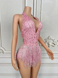 European and American Sexy Deep V Pink Tassel Jumpsuit Gogo Female Singer Stage Collar Dance Costume Car Show Model Performance