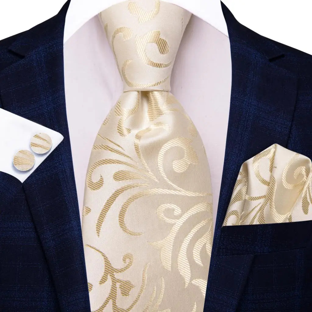 Hi-Tie Champagne Floral Paisley Silk Elegant Tie For Men Groom Wedding Men Necktie Pocket Square Cufflink Accessory Wholesale