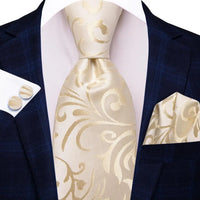 Hi-Tie Champagne Floral Paisley Silk Elegant Tie For Men Groom Wedding Men Necktie Pocket Square Cufflink Accessory Wholesale