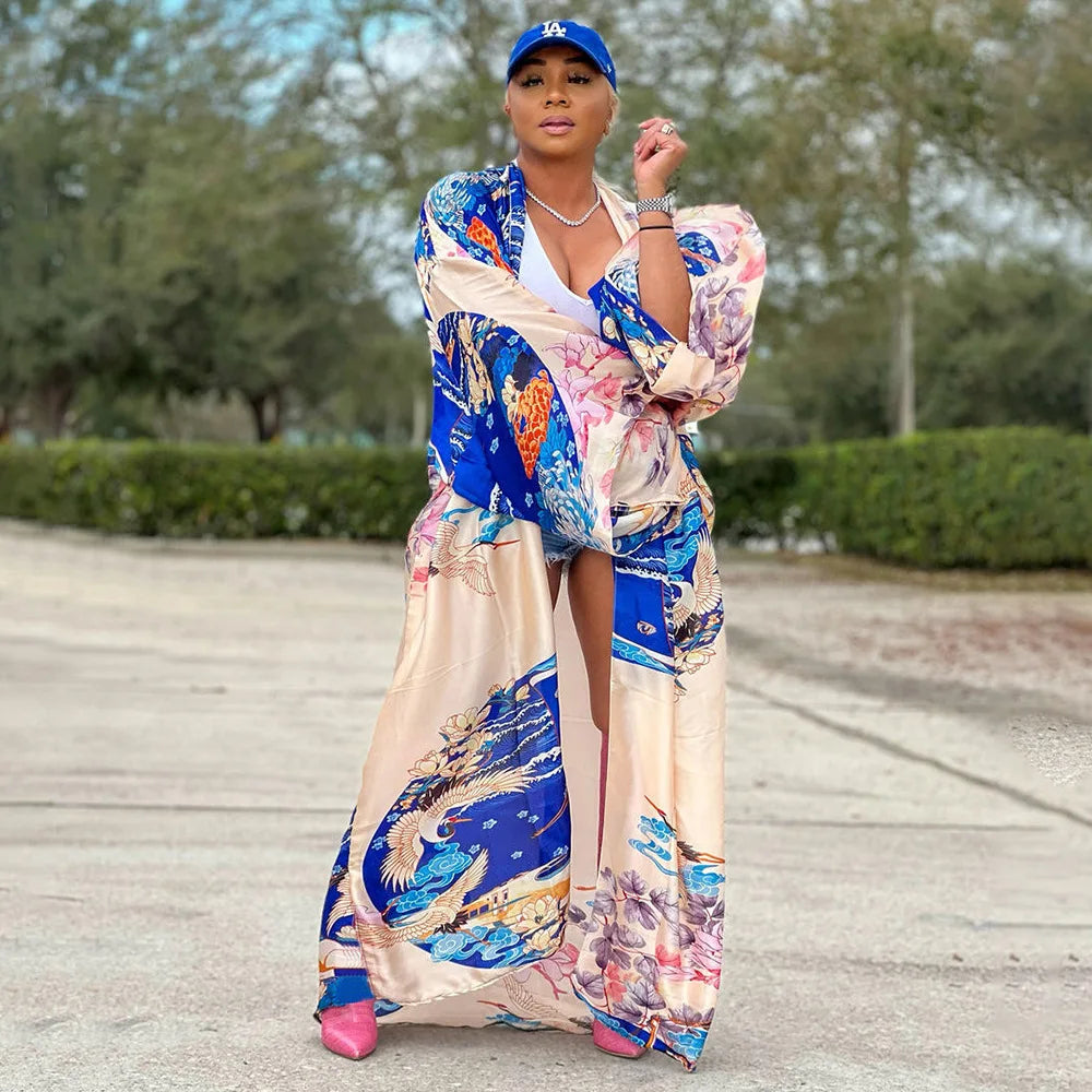 Casual Beach Cover Up Boho Dress Party Kaftan Kimonos Verano Sukienka Print Long Sleeve Cardigan Female Blouse Loose Dresses