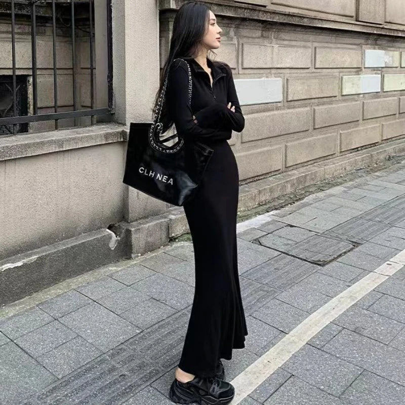 Women Basic Long Sleeve Dresses Zipper V-neck Pure Black Maxi Fashion Street Modern Sexy Female Spring Autumn Graceful Simple