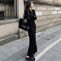 Women Basic Long Sleeve Dresses Zipper V-neck Pure Black Maxi Fashion Street Modern Sexy Female Spring Autumn Graceful Simple