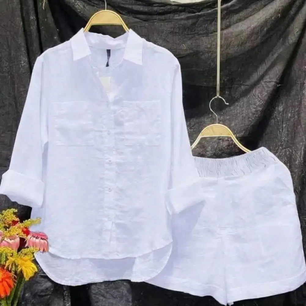 2025 Women Shirt Shorts Set Loose Irregular Hem Lapel Long Sleeves Shirt Top Elastic Waist Wide Leg Shorts Female Summer Outfit