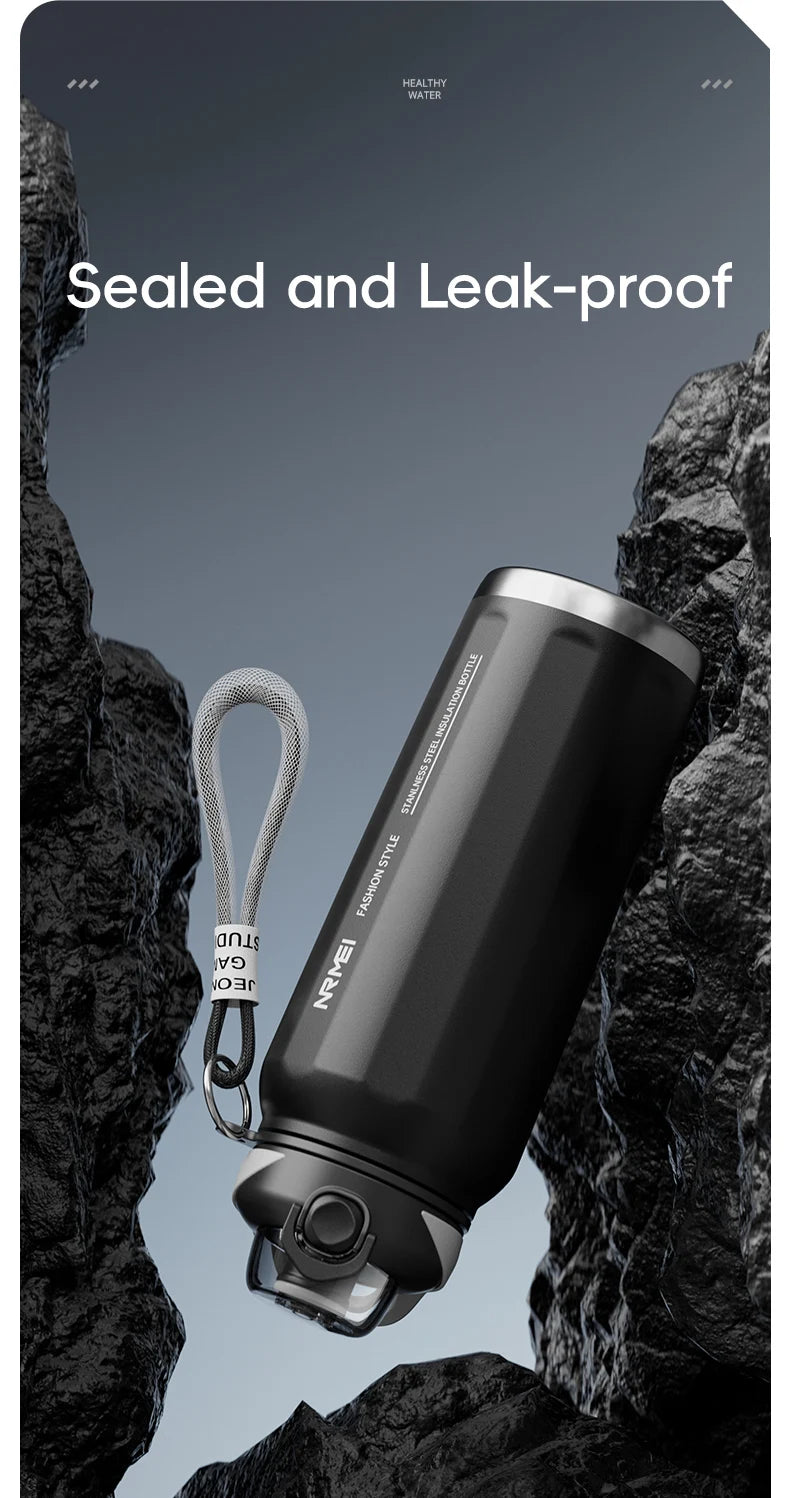 One Button Open Water Bottle with Lifting Rope, Large Capacity Stainless Steel Thermos Bottle,Outdoor Sport Vacuum Flasks