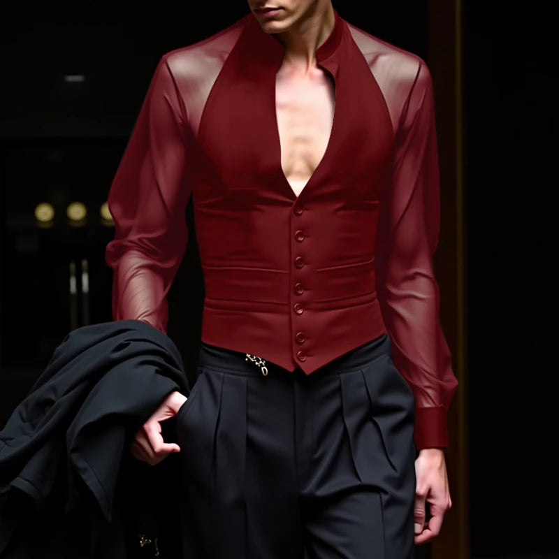 INCERUN Men Shirt Mesh Patchwork V Neck Long Sleeve Transparent Sexy Casual Male Shirts Streetwear Fashion Party Camisas 2025