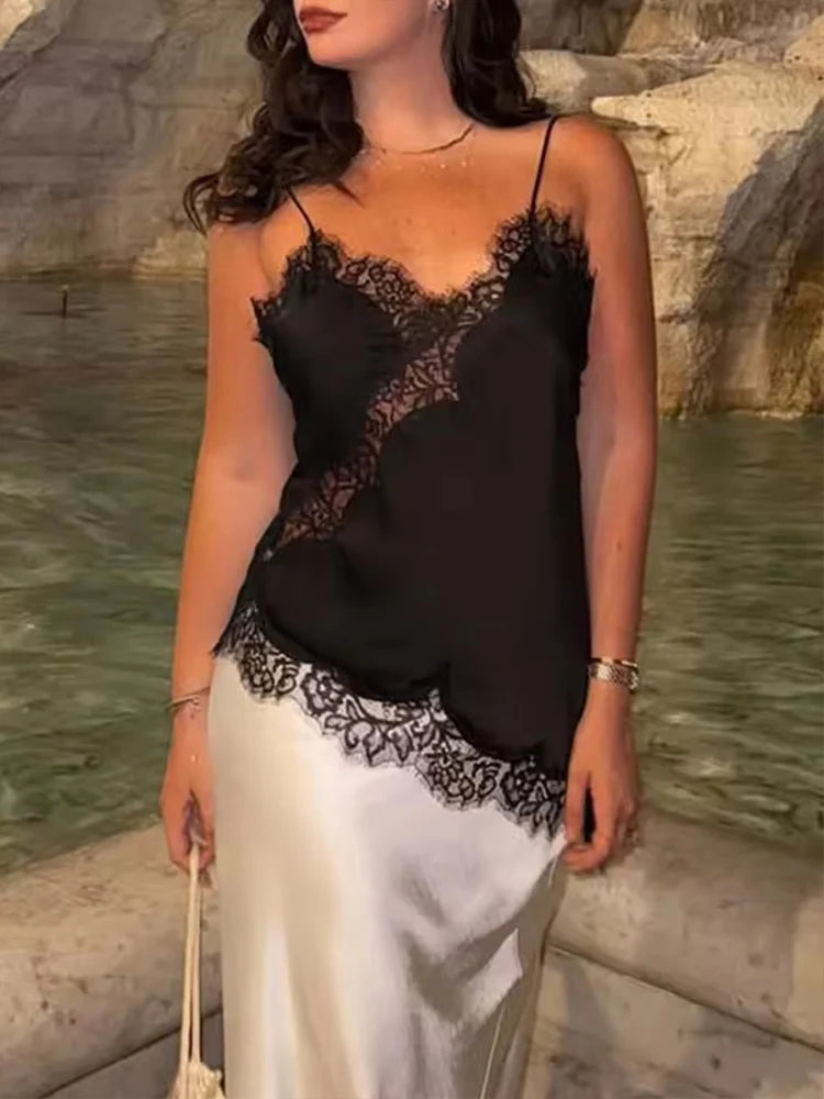Sexy Lace Sling Tops Women's Hollow Out Sleeveless Backless Asymmetrical Hem Top 2026 Summer New Lady Fashion Short Tops